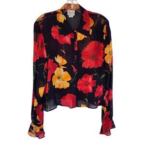 Vintage 80s Connie Choi Sheer Floral Cropped Blouse sz M Ruffle Sleeve USA
